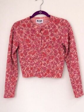 Rouje Paris Floral Cropped Cardigan Wool Blend Button Front Pink Size 36 (XS/S)